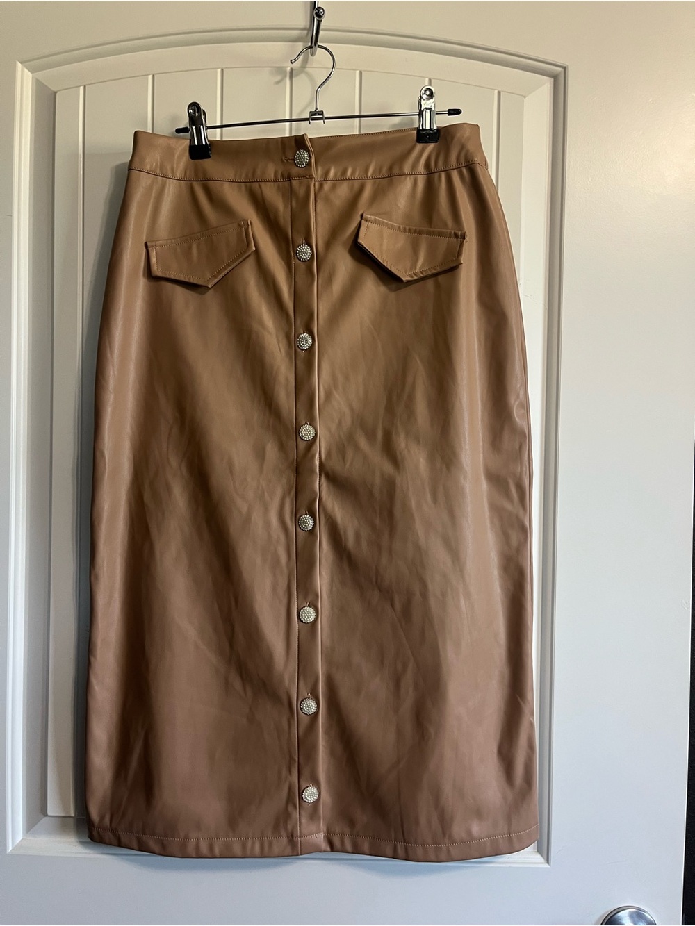 Ontwelfth Faux Leather Midi Skirt Pearl Crystal Statement Buttons Size Medium